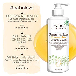 Babo Botanicals Sensitive Baby 2-in-1 Shampoo & Wash With Natural Oat Protein, Shea and Cocoa Butter, Fragrance-Free, Vegan - 16 oz.