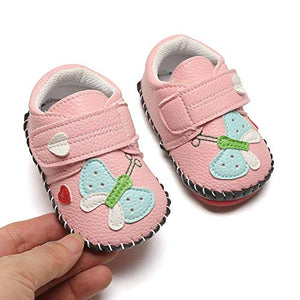 SOFMUO Baby Girls Boys Pu Leather Sneakers Anti-Slip Rubber Sole Cartoon Moccasins Handmade Newborn Slippers Hard Bottom Toddler First Walkers Infant Crib Shoes (Butterfly Pink,0-6 Months)