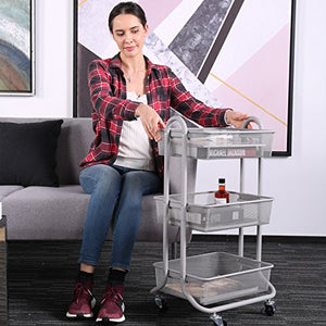 DESIGNA 3-Tier Rolling Utility Cart Storage Shelves Multifunction, Metal Mesh Baskets, Pantry Cart with Lockable Wheels, Gray