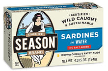 Load image into Gallery viewer, Season Sardines in Water, No Salt Added, 4.375-Ounce Tins (Pack of 12)
