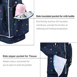 QIMIAOBABY Diaper Bag Smart Organizer Waterproof Travel Diaper Backpack Handbag with Changing Pad (Blue Flowers)