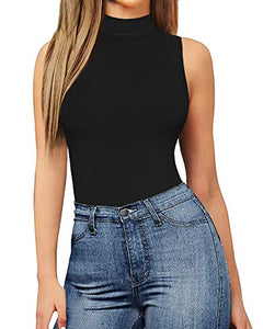MANGOPOP Women's Mock Turtle Neck Sleeveless Tank Tops Bodysuit (A Sleeveless Black, Medium)