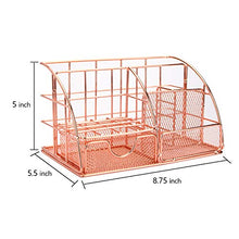 Load image into Gallery viewer, Yarlung Mesh Rose Gold Desk Organizer with 5 Compartments and Sliding Drawer, Multifunctional Office Supplies Holder, Desk Accessories Collection for Women and Men

