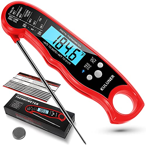 KULUNER TP-01 Waterproof Digital Instant Read Meat Thermometer with 4.6” Folding Probe Backlight & Calibration Function for Cooking Food Candy, BBQ Grill, Liquids,Beef（Red）