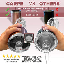 Load image into Gallery viewer, Carpe 12 oz Stemless Insulated Wine Glass Tumbler with Sliding Lid and Straw, Spill Proof Stainless Steel Double-Wall Wine Tumbler Cups for Champaign, Cocktail, Coffee, Drinks, Set of 2 (Rose Gold)
