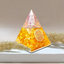 Load image into Gallery viewer, Orgone Pyramid | Citrine Orgonite Pyramid for Wisdom, Wealth &amp; Success | Healing Crystal Gemstone Pyramid | Orgone Pyramid Crystal - Handmade In India
