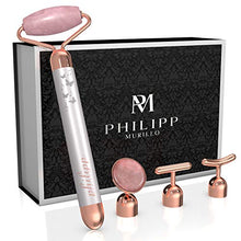 Load image into Gallery viewer, PHILIPP MURILLO 4 in 1 vibrating rose quartz roller-face roller set,jade roller for face,face massager,under eye roller,skin roller/facial roller/beauty roller T and V 24k beauty bar
