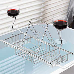 iPEGTOP Stainless Steel Bathtub Caddy Tray - Over Bath Tub Racks Shower Organizer with Extending Sides, Removable Wine Glass Book Holder