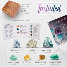 Load image into Gallery viewer, Crystalya Premium Grade Crystals and Healing Stones for Abundance and Prosperity in Wooden Box - Malachite, Pyrite, Citrine, Aventurine, Blue Calcite, Tree Agate, Tiger&#39;s Eye Gemstones + Info Guide
