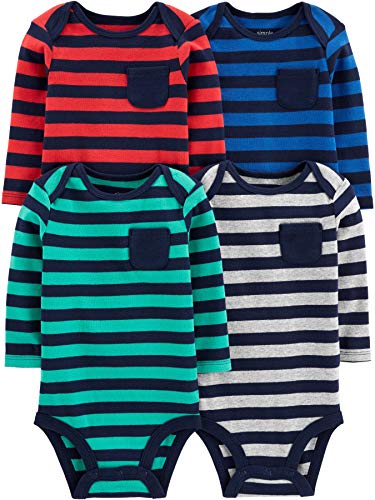 Simple Joys by Carter's Boys' 4-Pack Soft Thermal Long Sleeve Bodysuits, Stripes, 6-9 Months