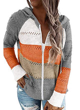 Load image into Gallery viewer, Biucly Womens Stripes Color Block Knit Sweater Zip Up Hoodies Long Sleeve Lightweight Drawstring Jacket Pullover Sweatshirts Sweaters Fall Winter,US 4-6(S),Grey
