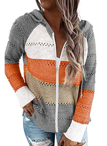 Biucly Womens Stripes Color Block Knit Sweater Zip Up Hoodies Long Sleeve Lightweight Drawstring Jacket Pullover Sweatshirts Sweaters Fall Winter,US 4-6(S),Grey