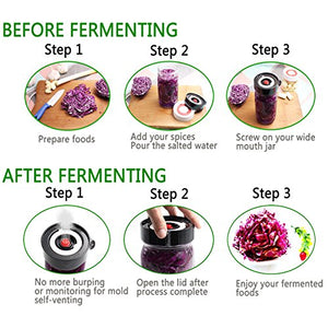 AMZUShome Fermenting Lids Kit Waterless Airlock For Wide Mouth Mason Jar Fermentation Not Crock Pots,Make Sauerkraut,Kimchi,Pickles Or Fermented Foods.4 Pack+1 Pump(Black)