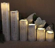 Load image into Gallery viewer, LED Lytes Flameless Timer LED Candles Slim Set of 6, 2&quot; Wide and 2&quot;- 9&quot; Tall, Silver Coated Wax and Flickering Warm White Flame for Home and Wedding Decor
