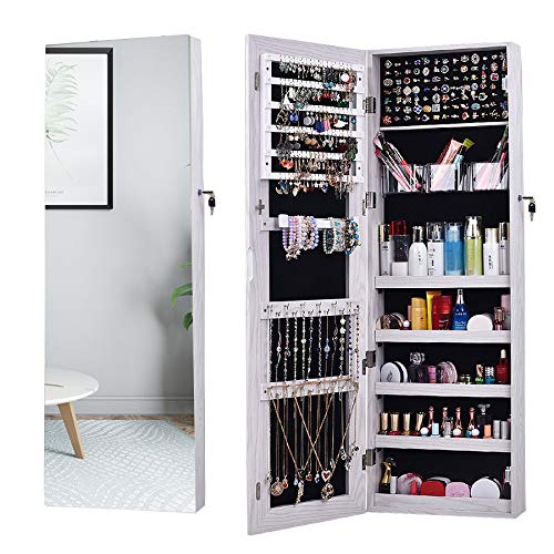 AOOU Jewelry Organizer Jewelry Cabinet,Full Screen Display View Larger Mirror, Full Length Mirror,Large Capacity Dressing Mirror Makeup Jewelry Armoire,White