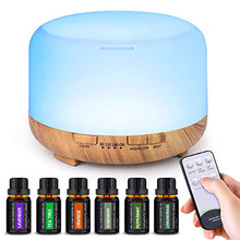 Load image into Gallery viewer, Diffuser with Essential Oils Included, 500ml Aromatherapy Diffuser with Oils Set 6x10mL, Aroma Diffuser with Oils Included Remote Control 14 Led Lights 4 Timers for Office Room Bedroom
