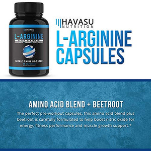 Havasu Nutrition Extra Strength L Arginine - 1200mg Nitric Oxide Supplement for Muscle Growth, Vascularity and Energy - L-Citrulline & Essential Amino Acids to Support Physical Endurance, 60 Capsules