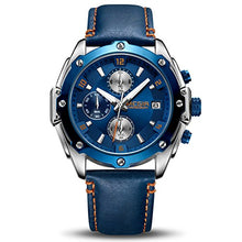 Load image into Gallery viewer, MEGIR Men Business Analogue Quartz Watch with Fashion Blue Leather Strap Chronograph Luminous Auto Calendar for Sport &amp; Work 2074 Blue
