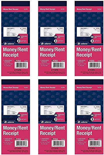 Adams Money/Rent Receipt Book, Carbonless, 3-Part, 2-3/4 x 7-3/16 Inches, 50 Sets per Book, Pack Of 6