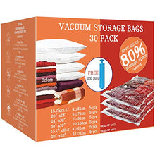 Load image into Gallery viewer, VacPack Space Saver Bags 30-Pack Vacuum Storage Compression Bags ( 5 Jumbo, 5 Large, 5 Medium, 5 Small, 5 Suitcase Travel Bags, 5 Carry-on Travel Bags and 1 hand pump)
