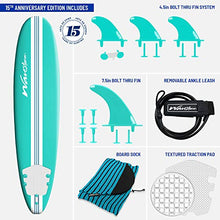 Load image into Gallery viewer, Wavestorm-15th Anniversary Edition Soft Top Foam 8ft Surfboard | for Beginners and All Levels | Includes Accessories | Leash and Multiple Fin Options, Turquoise pinline
