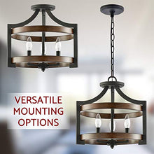Load image into Gallery viewer, Kira Home Woodrow 15" 3-Light Industrial Farmhouse Semi Flush Convertible Pendant Light + Wood Style Metal Drum Shade, Textured Black + Walnut Style Finish
