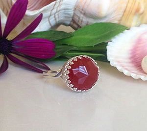 Carnelian Ring - Silver Ring - Round Crown Ring - Gemstone Ring - Cocktail Ring - Red Onyx Ring - Lace Crown Ring