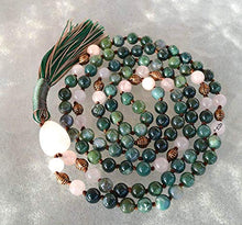 Load image into Gallery viewer, Energized Natural 108 Moss Agate Mala Beads Necklace, 8 mm Bracelet, Dark Green Moss Agate, Mala Bead, Stretch Bracelet, Heart Chakra, Hand Knotted Wrap Mala (Knotted Moss Agate &amp; Rose Quartz Mala)
