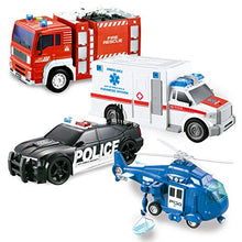 Load image into Gallery viewer, JOYIN 4 Packs Emergency Vehicle Toy Playsets, Friction Powered Vehicles with Light and Sound, Including Fire Truck, Ambulance Toy, Play Police Car and Toy Helicopter, Best Toddler Kids Boys Gifts
