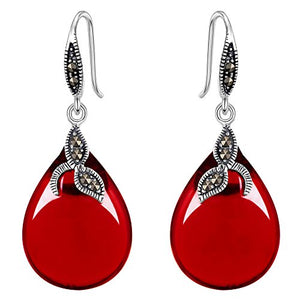 EVER FAITH 925 Sterling Silver Red Chalcedony Crystal Retro Black Leaf Teardrop Hook Earrings