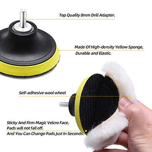 SPTA Wool Cutting Pad, Wool Buffing Polishing Pad Set, 7Pcs 3Inch (80mm) Wool Buffing Wheel for Drill Lambs Wool Hook and Loop for Compound Cutting & Polishing for Car Polisher