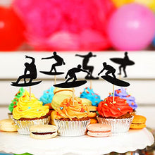 Load image into Gallery viewer, Ercadio 24 Pack Surfing Cupcake Toppers Black Glitter Surfboard Sport Cupcake Picks Surf Theme Baby Shower Kids Birthday Party Cake Decorations Supplies
