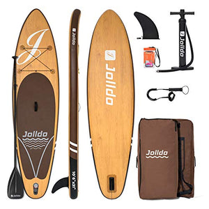 jolldo Inflatable Stand Up Paddle Board 10'6'×31"×6" Ultra-Light SUP Non-Slip Deck w Paddle, Pump, Backpack, Leash, Waterproof Case, Repair kit, Wood