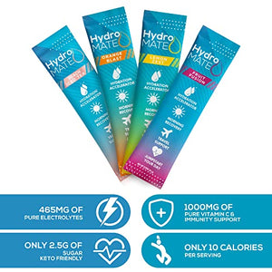 HydroMATE Electrolyte Powder Packets Drink Mix Hydration Accelerator Rapid Hydrate Powder Low Sugar Single Serving Stick Rehydrate Fast Hangover Party Recovery +1000mg Vitamin C Variety Bag (16 Count)