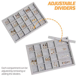 DIOMMELL 4 Pack Stackable Velvet Jewelry Trays Organizer, Jewelry Storage Box Display Trays Showcase Holder Closet Dresser Drawer Organizer for Earring Necklace Bracelet Ring Accessary, Grey