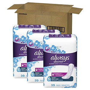 Always Discreet Incontinence Pads for Women, Maximum Absorbency, Long Length, 39 Count - Pack of 3 (117 Total Count) (Packaging May Vary)