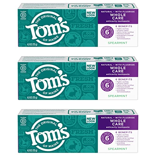 Tom's of Maine Whole Care Natural Toothpaste with Fluoride, Spearmint, 4 oz. 3-Pack (Packaging May Vary)