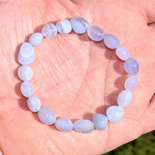 Load image into Gallery viewer, CHARGED 7" Premium Grade Natural Blue Lace Agate Crystal Nugget Bead Bracelet Tumble Polished Stretchy + Selenite Heart Charging Crystal Included
