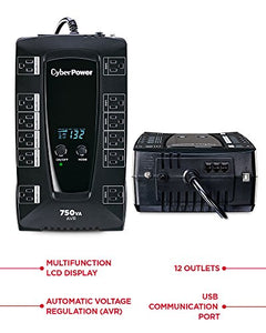 CyberPower AVRG750LCD Intelligent LCD UPS System, 750VA/450W, 12 Outlets, AVR, Compact