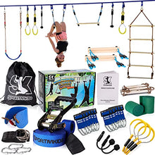 Load image into Gallery viewer, Sportivikids Ninja Warrior Obstacle Course for Kids Outside with Swing Set - 50' Ninja Slackline Hanging Activities Accessories, Monkey Bars &amp; Ladder for Girls &amp; Boys for Backyard - Outdoor Playsets
