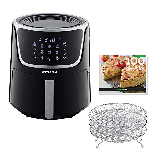 GoWISE USA GW22956 7-Quart Electric Air Fryer with Dehydrator & 3 Stackable Racks, Led Digital Touchscreen with 8 Functions + Recipes, 7.0-Qt, Black/Silver