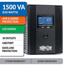 Load image into Gallery viewer, Tripp Lite OMNI1500LCDT 1500VA UPS Battery Back Up AVR LCD Display 10 Outlets 120V 810W Tel &amp; Coax Protection USB, 3 Year Warranty &amp; $250,000 Insurance, Black
