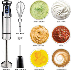 Mueller Austria Ultra-Stick 500 Watt 9-Speed Immersion Multi-Purpose Hand Blender Heavy Duty Copper Motor Brushed 304 Stainless Steel With Whisk, Milk Frother Attachments, BPA-Free