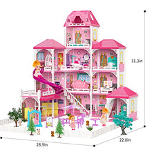 Load image into Gallery viewer, TEMI Doll House Dreamhouse for Girls - 4-Story 12 Rooms Playhouse with 2 Dolls Toy Figures, Fully Furnished Fashion Dollhouse, Pretend Play House with Accessories, Gift Toy for Kids Ages 3 4 5 6 7 8+
