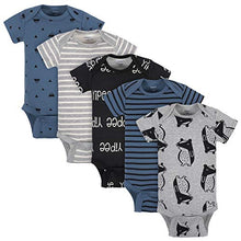 Load image into Gallery viewer, Grow by Gerber Baby Boy&#39;s Organic 5-Pack Short-Sleeve Onesies Bodysuits Pants, Black/White/Grey/Blue, 0-3 Months
