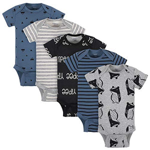 Grow by Gerber Baby Boy's Organic 5-Pack Short-Sleeve Onesies Bodysuits Pants, Black/White/Grey/Blue, 0-3 Months