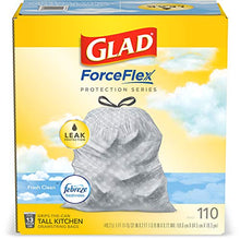 Load image into Gallery viewer, Glad ForceFlex Tall Kitchen Drawstring Trash Bags – 13 Gallon Trash Bag, Fresh Clean scent with Febreze Freshness – 110 Count (Package May Vary)
