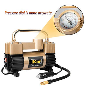 iKer Portable Air Compressor Pump Heavy Duty Tire Inflator for Car,Truck,SUV Tires,12V 70L/Min Double Cylinders Metal Air Pump 150PSI with Battery Clamp，11.5ft Extension Air Hose and Tire Repair Kit