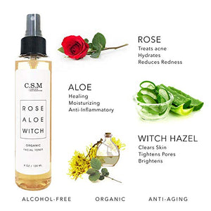 CSM Organic Alcohol-Free Witch Hazel Face Toner with Rose Water, Aloe Vera - Minimizes Pores, Soothes Skin for a Fresh, Clear Complexion - Easy Mist Spray - RAW Facial Toner - Made in The USA