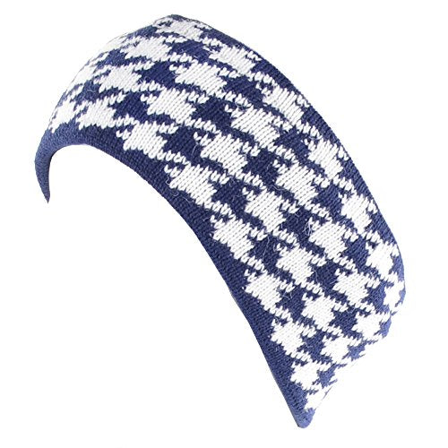 BYOS Womens Winter Warm Stylish Houndstooth Print Fleece Lined Knit Headband Head Wrap Ear Warmer (Navy)